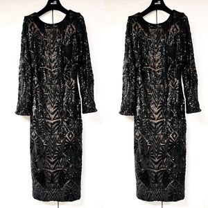 Long Sleeve Black Sequin Evening Cocktail Dress